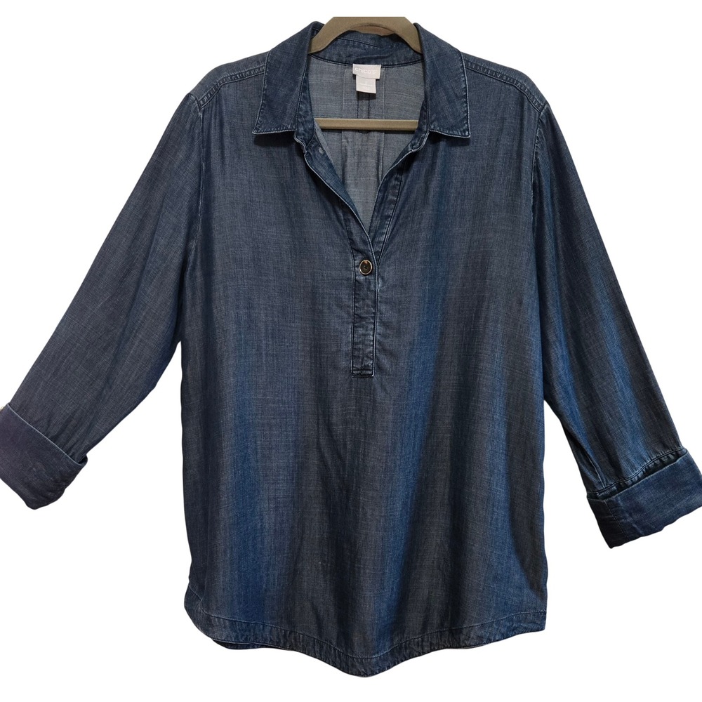Chicos Boho Chic Blue Tencel Denim Look Tunic Blouse Size 2 LG 3/4 Sleeve